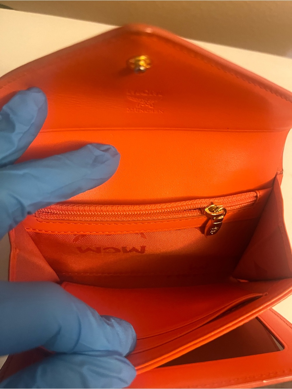 MCM Orange Leather Envelope Compact Wallet with Gold Logo - Picture 8 of 13